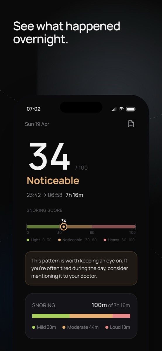 Kip morning summary showing a snore score and the night's loudest minutes